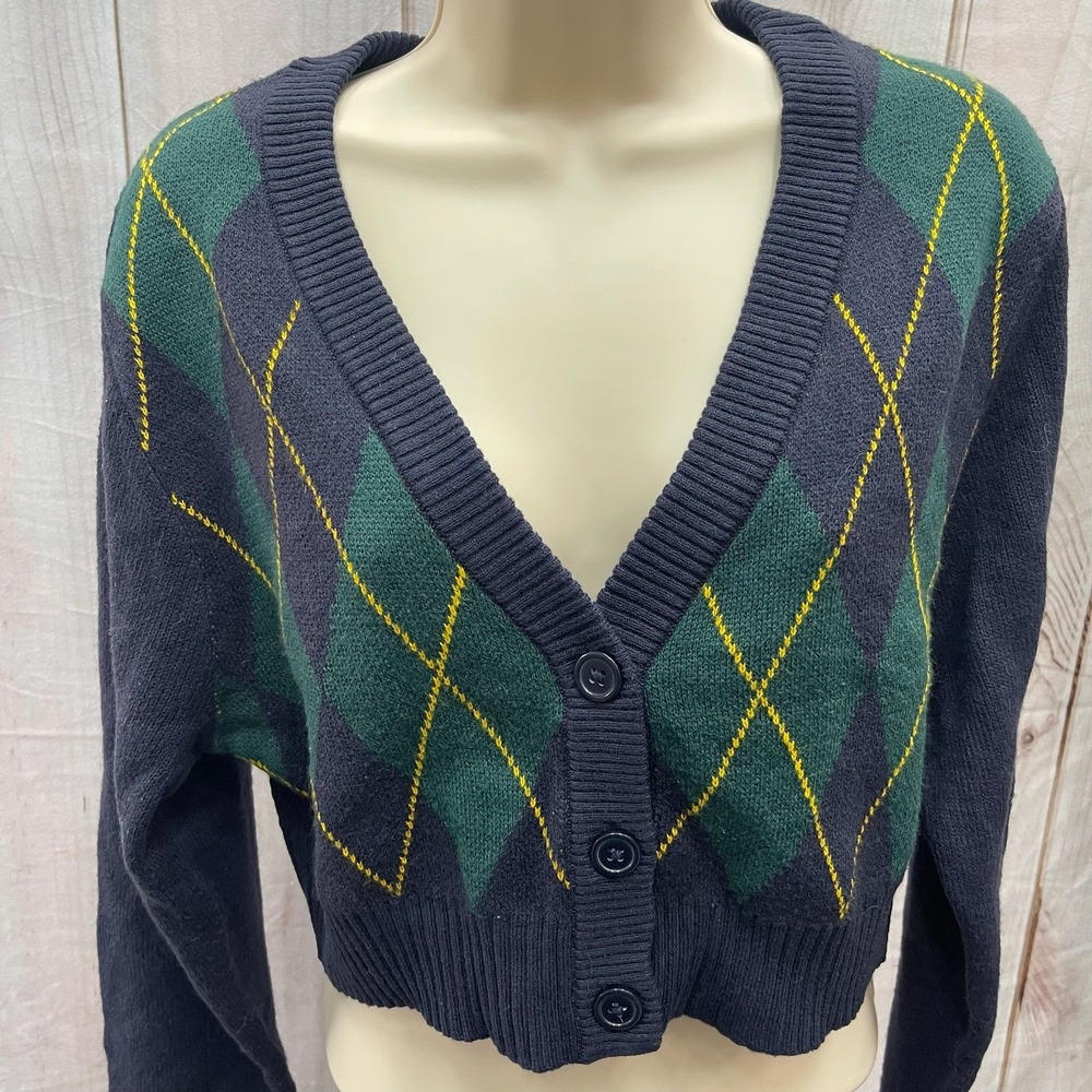 HM Divided Argyle Cropped Cardigan Sweater Navy Green Yellow V-Neck Small